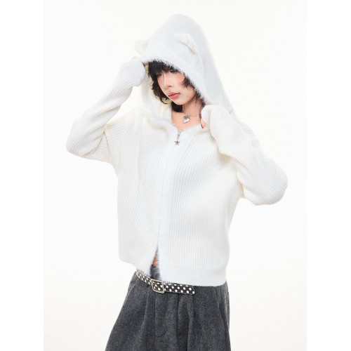 MKGO美式復古毛邊拼接小熊耳朵連帽毛衣外套女秋季修身短款針織衫 MKGO美式復古毛邊拼接小熊耳朵連帽毛衣外套女秋季修身短款針織衫