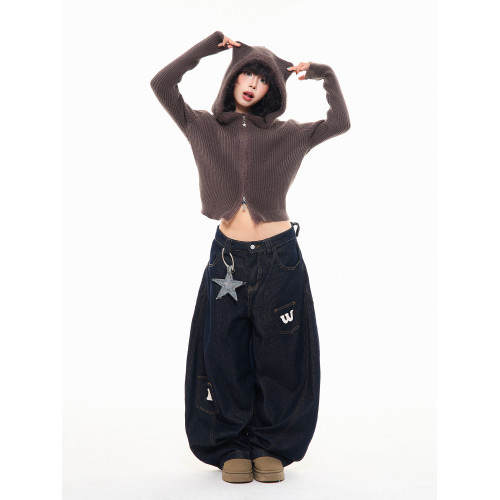 MKGO美式復古毛邊拼接小熊耳朵連帽毛衣外套女秋季修身短款針織衫 MKGO美式復古毛邊拼接小熊耳朵連帽毛衣外套女秋季修身短款針織衫