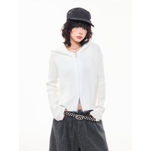 MKGO美式復古毛邊拼接小熊耳朵連帽毛衣外套女秋季修身短款針織衫 MKGO美式復古毛邊拼接小熊耳朵連帽毛衣外套女秋季修身短款針織衫