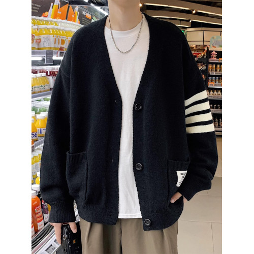 開衫毛衣外套男冬季新款寬松痞帥針織衫港風拼接百搭休閒情侶線衣