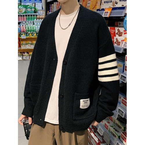 開衫毛衣外套男冬季新款寬松痞帥針織衫港風拼接百搭休閒情侶線衣