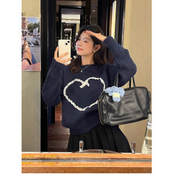 慵懶風軟糯套頭愛心毛衣女秋冬季新款寬松圓領針織衫百搭打底上衣