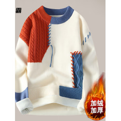男士毛衣秋冬季上衣服青少年學生款加絨加厚圓領男生打底針織衫