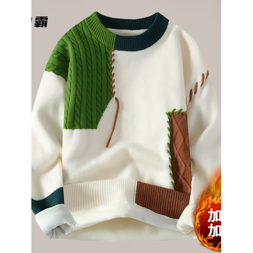 男士毛衣秋冬季上衣服青少年學生款加絨加厚圓領男生打底針織衫