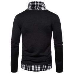 秋冬款個性高領毛衣男堆領假兩件針織打底衫加絨加厚內搭拼接拼色