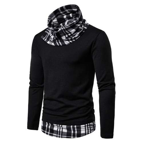 秋冬款個性高領毛衣男堆領假兩件針織打底衫加絨加厚內搭拼接拼色