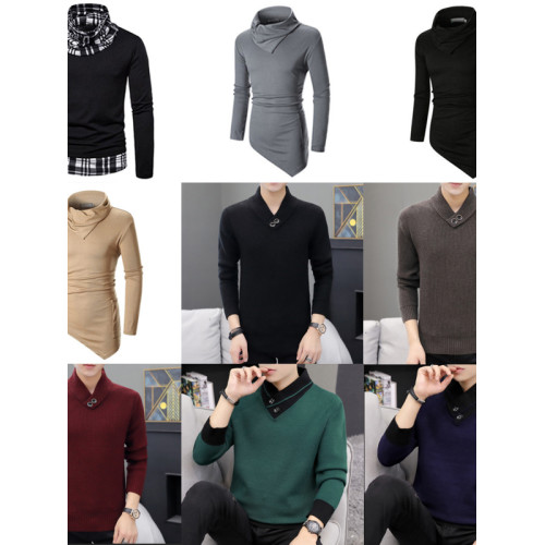 秋冬款個性高領毛衣男堆領假兩件針織打底衫加絨加厚內搭拼接拼色