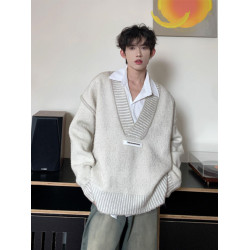 杏色V領毛衣男美式高級感情侶針織衫復古慵懶風低領外套oversize