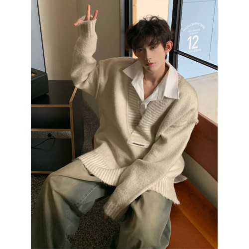 杏色V領毛衣男美式高級感情侶針織衫復古慵懶風低領外套oversize