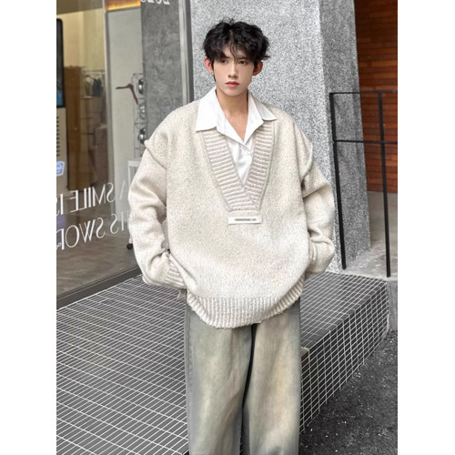 杏色V領毛衣男美式高級感情侶針織衫復古慵懶風低領外套oversize