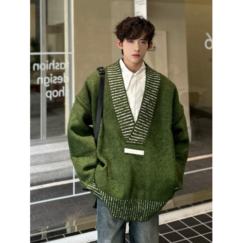 杏色V領毛衣男美式高級感情侶針織衫復古慵懶風低領外套oversize