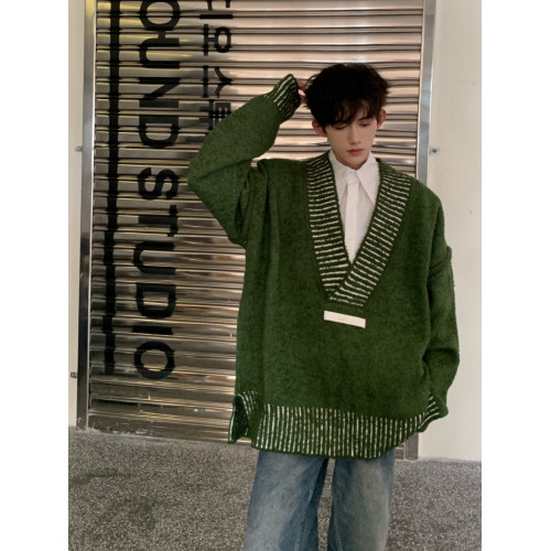 杏色V領毛衣男美式高級感情侶針織衫復古慵懶風低領外套oversize