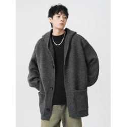 高級感cleanfit灰色開衫外套男秋冬季潮寬松慵懶風針織衫帽衫毛衣