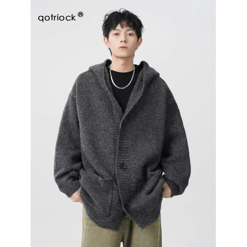 高級感cleanfit灰色開衫外套男秋冬季潮寬松慵懶風針織衫帽衫毛衣