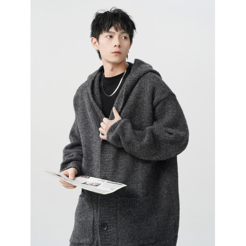 高級感cleanfit灰色開衫外套男秋冬季潮寬松慵懶風針織衫帽衫毛衣