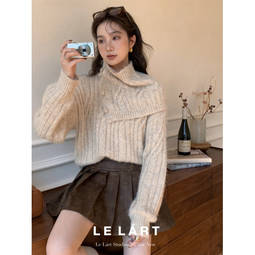 2025冬季新款韓版設計感披肩兩件套高領毛衣小衆寬松麻花針織上衣