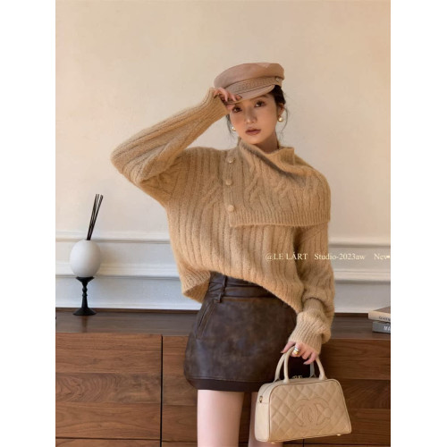 2025冬季新款韓版設計感披肩兩件套高領毛衣小衆寬松麻花針織上衣