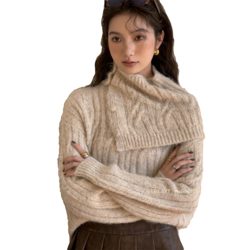 2025冬季新款韓版設計感披肩兩件套高領毛衣小衆寬松麻花針織上衣