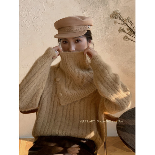 2025冬季新款韓版設計感披肩兩件套高領毛衣小衆寬松麻花針織上衣