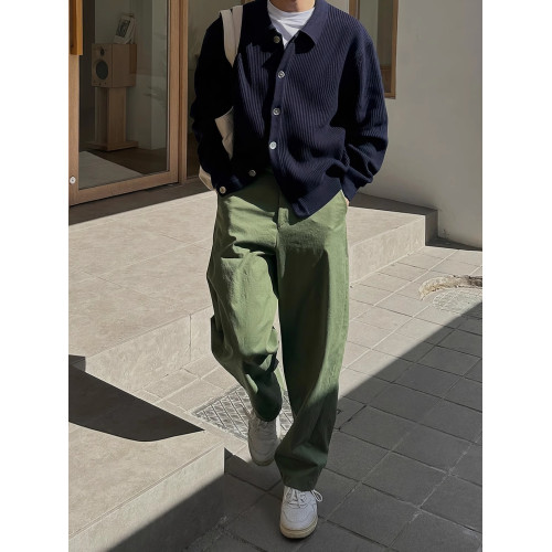 軍綠色翻領針織開衫男春秋韓系簡約高級感休閒寬松慵懶風毛衣外套