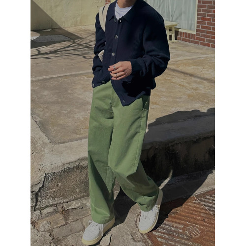 軍綠色翻領針織開衫男春秋韓系簡約高級感休閒寬松慵懶風毛衣外套