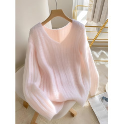 秋冬獨特別致慵懶風粉色寬松毛衣v領針織衫女設計感小衆長袖上衣