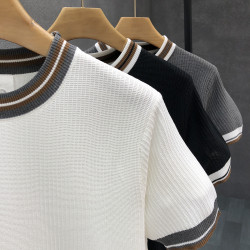 專櫃品質冰絲薄款短袖毛衣男生潮牌高級針織衫t恤2025春夏季上衣