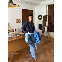 美式復古條紋撞色圓領毛衣男士秋冬季潮牌ins寬松慵懶針織衫上衣