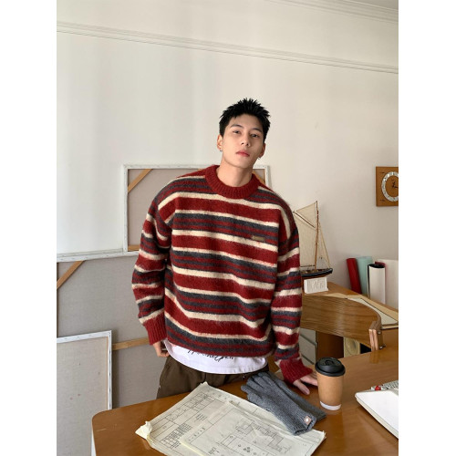 美式復古條紋撞色圓領毛衣男士秋冬季潮牌ins寬松慵懶針織衫上衣