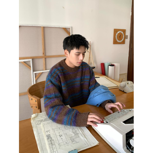 美式復古條紋撞色圓領毛衣男士秋冬季潮牌ins寬松慵懶針織衫上衣