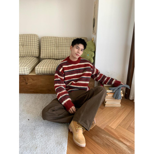 美式復古條紋撞色圓領毛衣男士秋冬季潮牌ins寬松慵懶針織衫上衣