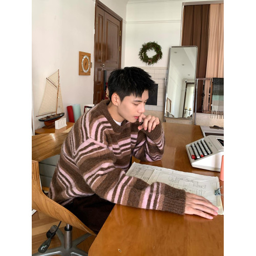 美式復古條紋撞色圓領毛衣男士秋冬季潮牌ins寬松慵懶針織衫上衣