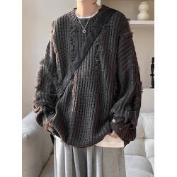 日系破壞毛衣男款2024冬季圓領毛邊針織衫潮牌設計感寬松線衫上衣