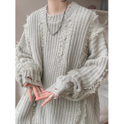 日系破壞毛衣男款2024冬季圓領毛邊針織衫潮牌設計感寬松線衫上衣