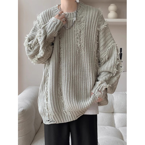 日系破壞毛衣男款2024冬季圓領毛邊針織衫潮牌設計感寬松線衫上衣