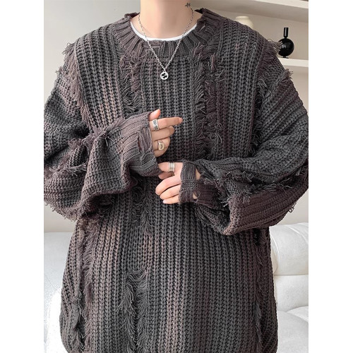 日系破壞毛衣男款2024冬季圓領毛邊針織衫潮牌設計感寬松線衫上衣