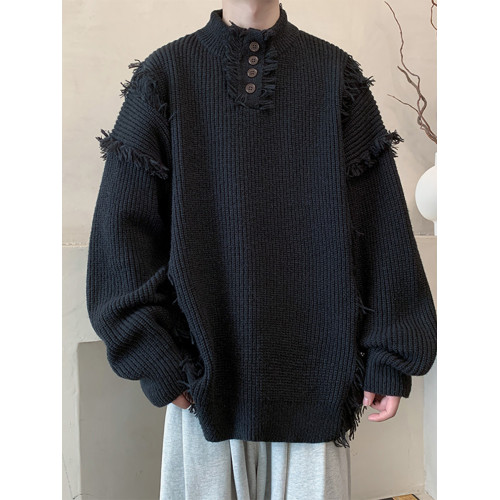 日系破壞毛衣男款2024冬季圓領毛邊針織衫潮牌設計感寬松線衫上衣