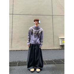 費爾島花紋圓領拉鍊針織開衫男女同款冬季慵懶風寬松休閒毛衣外套