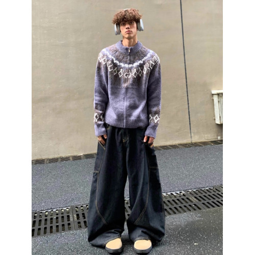 費爾島花紋圓領拉鍊針織開衫男女同款冬季慵懶風寬松休閒毛衣外套