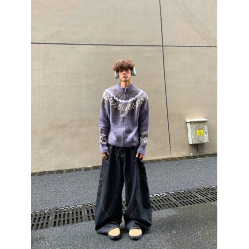 費爾島花紋圓領拉鍊針織開衫男女同款冬季慵懶風寬松休閒毛衣外套