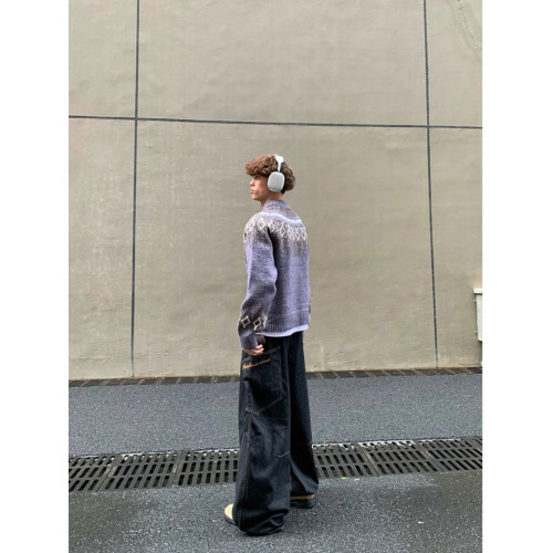 費爾島花紋圓領拉鍊針織開衫男女同款冬季慵懶風寬松休閒毛衣外套