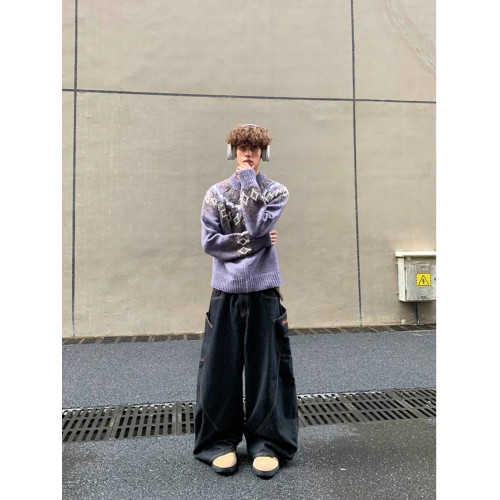 費爾島花紋圓領拉鍊針織開衫男女同款冬季慵懶風寬松休閒毛衣外套