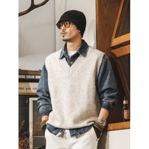 美式復古針織衫背心男冬季保暖羊毛衫寬松無袖毛衣內搭坎肩馬甲男