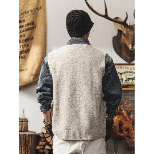 美式復古針織衫背心男冬季保暖羊毛衫寬松無袖毛衣內搭坎肩馬甲男