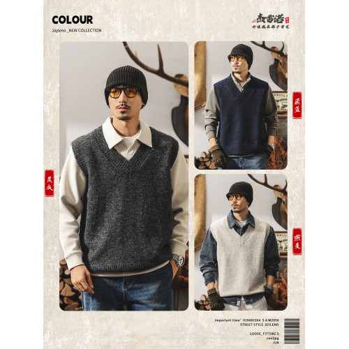 美式復古針織衫背心男冬季保暖羊毛衫寬松無袖毛衣內搭坎肩馬甲男