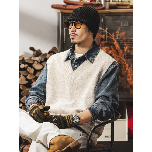 美式復古針織衫背心男冬季保暖羊毛衫寬松無袖毛衣內搭坎肩馬甲男