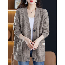 毛衣外套春秋新款羊毛衫女士洋氣口袋加肥大碼冬遮肚顯瘦針織開衫