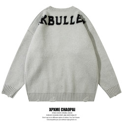 XPXME秋冬hiphop字母圓領個性破洞毛衣復古男女寬松休閒針織衫潮
