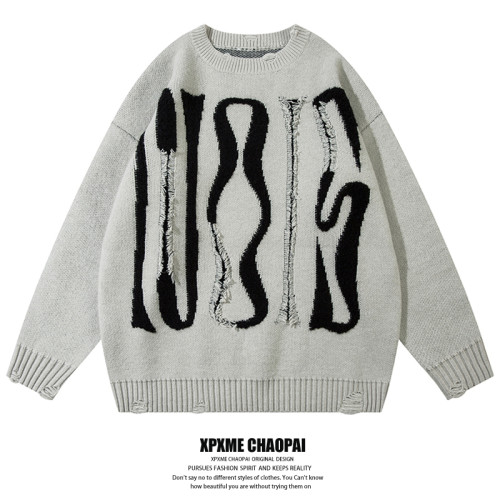 XPXME秋冬hiphop字母圓領個性破洞毛衣復古男女寬松休閒針織衫潮