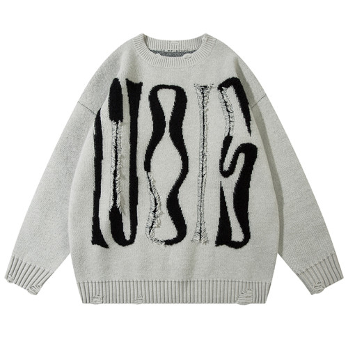 XPXME秋冬hiphop字母圓領個性破洞毛衣復古男女寬松休閒針織衫潮